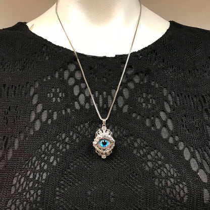 Silver Tone Crystal Eyeball Necklace - Aqua Blue Iris, Rhinestone Pendant