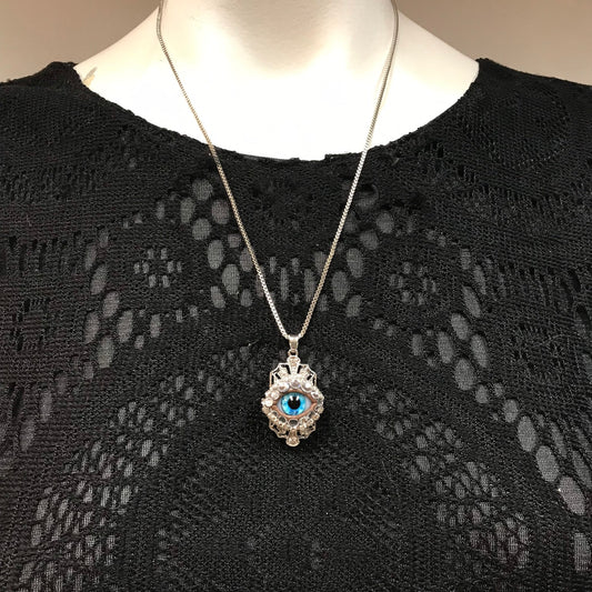 Silver Tone Crystal Eyeball Necklace - Aqua Blue Iris, Rhinestone Pendant