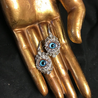 Crystal Vintage Style Eyeball Art Earrings with a Handmade Bright Blue Glass Iris and Hand Placed Rhinestones!