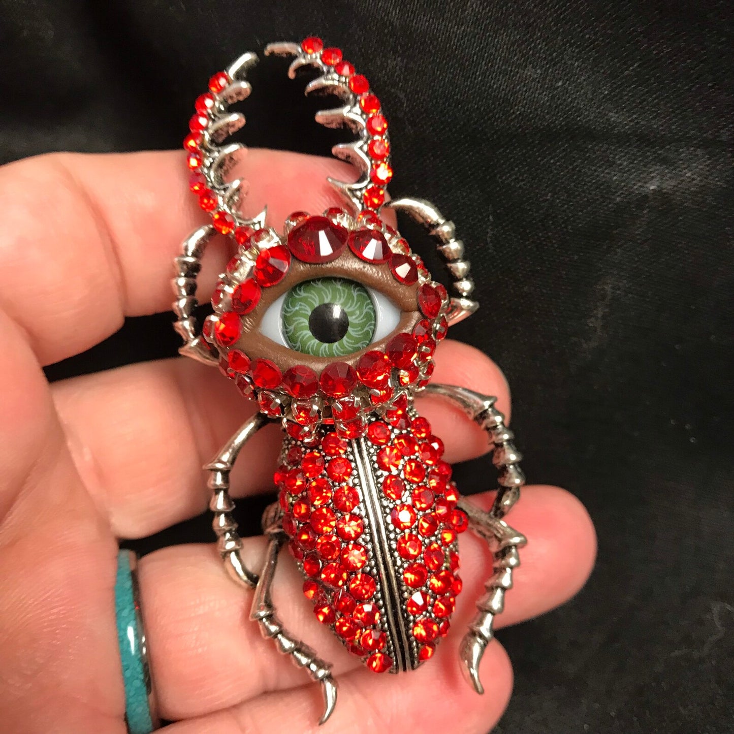 Red Beetle Brooch, Gothic Eye Insect Pin, Victorian Scarab Jewelry, Rhinestone Statement Brooch, Halloween Gift