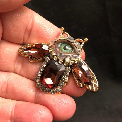 Little Baby Bee! Deep Purple Eyeball Art Brooch with a Natural Green Eye and Hand Placed Rhinestones!