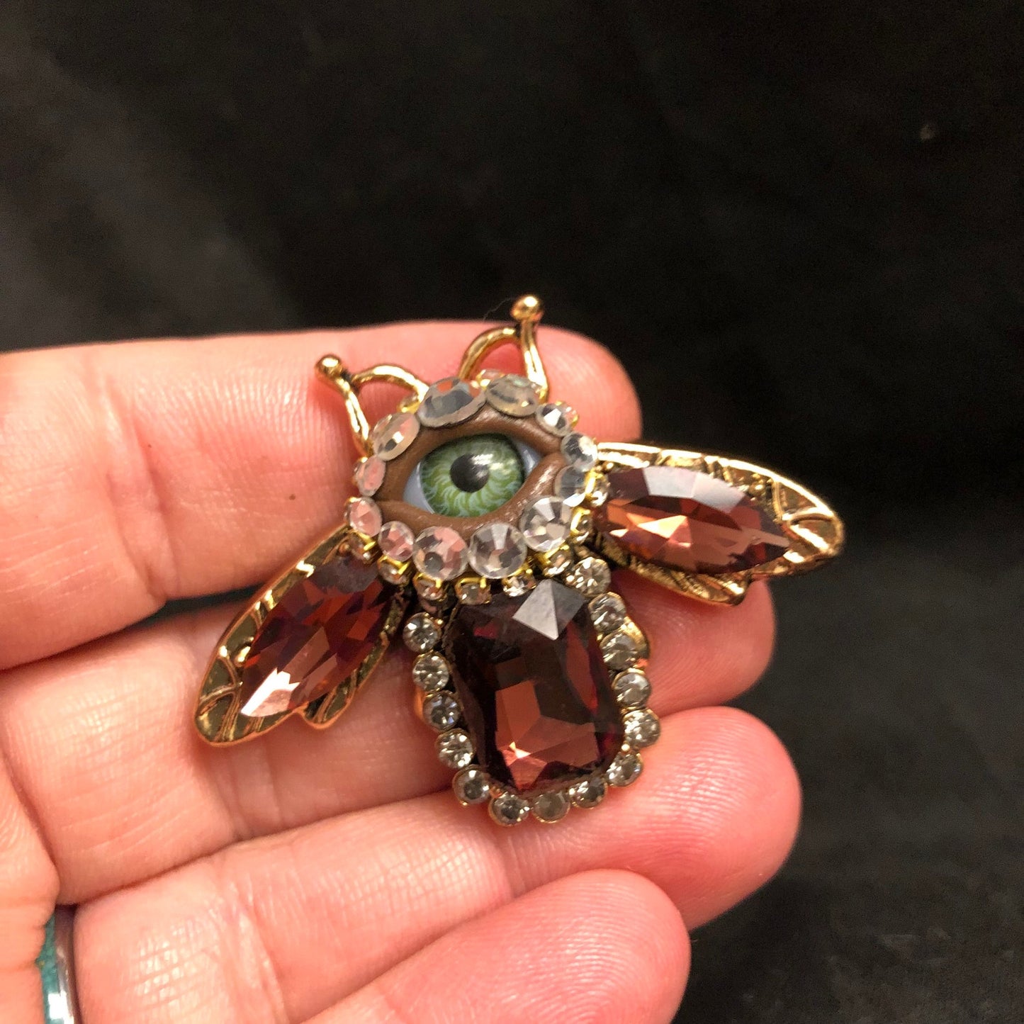 Little Baby Bee! Deep Purple Eyeball Art Brooch with a Natural Green Eye and Hand Placed Rhinestones!