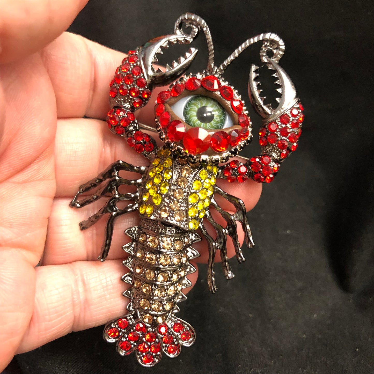 Whimsical Rhinestone Lobster Brooch with Eyeball