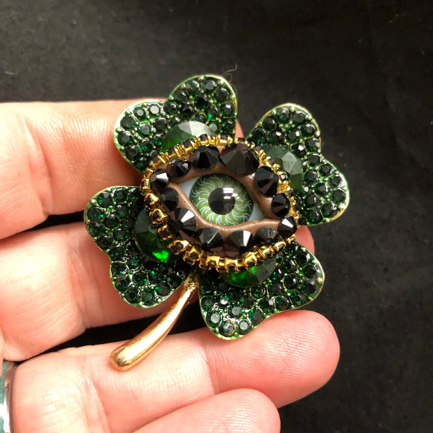 Rhinestone Shamrock Brooch: Lucky Green Eyeball Art Pin