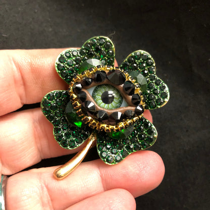 Rhinestone Shamrock Brooch: Lucky Green Eyeball Art Pin