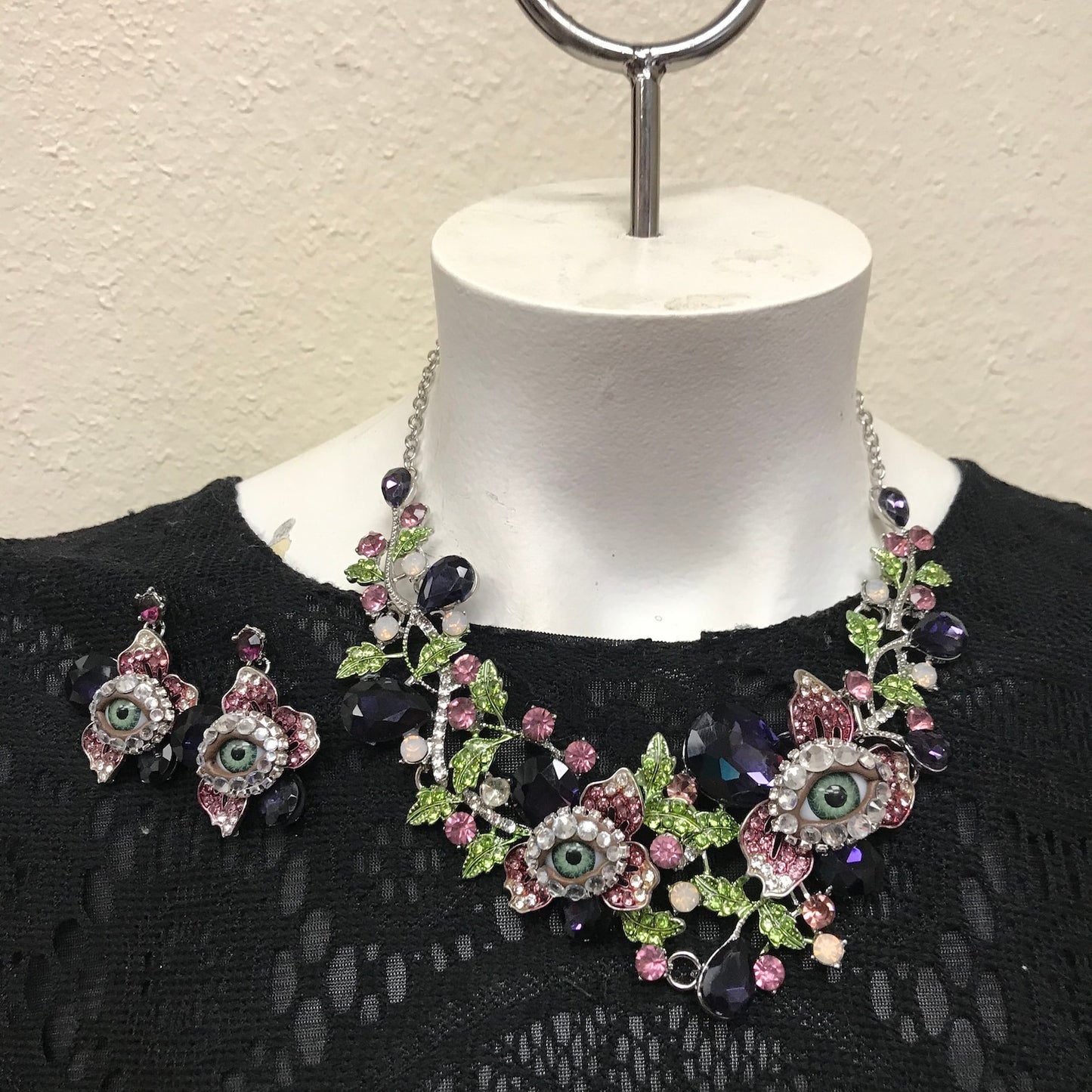 Bejeweled Eyeball Choker and Earring Set, Purple Rhinestone Jewelry