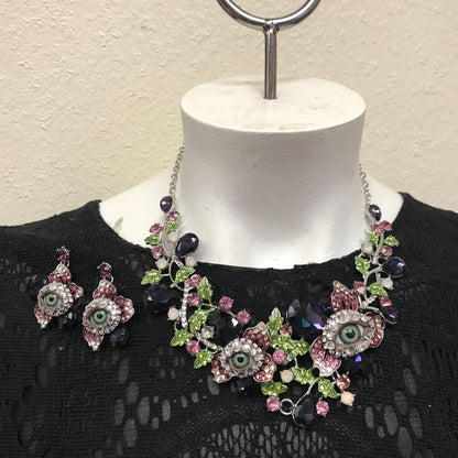 Bejeweled Eyeball Choker and Earring Set, Purple Rhinestone Jewelry