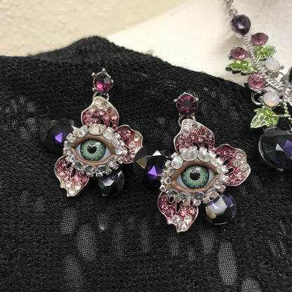 Bejeweled Eyeball Choker and Earring Set, Purple Rhinestone Jewelry