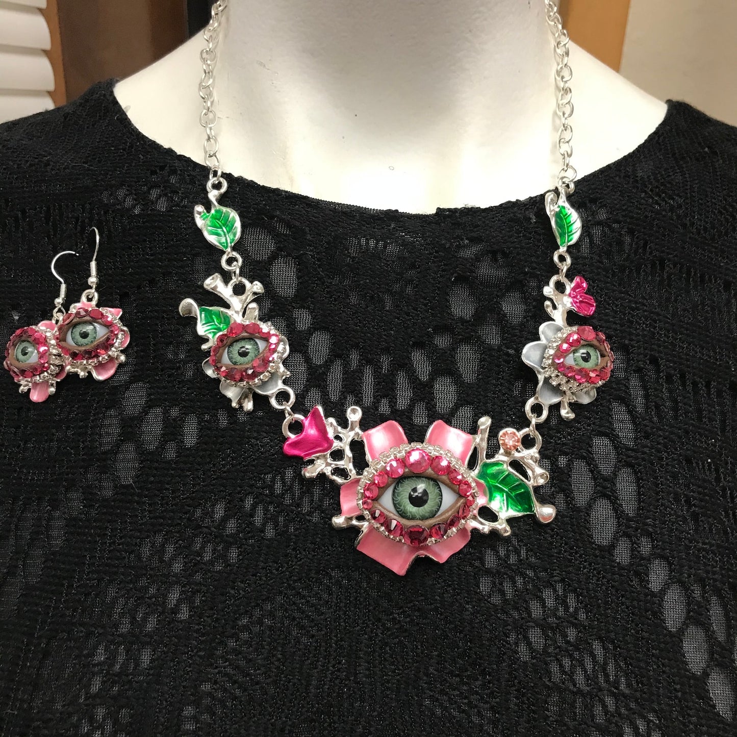 Eyeball Art Necklace, Enameled Bejeweled Rhinestone Statement Necklace
