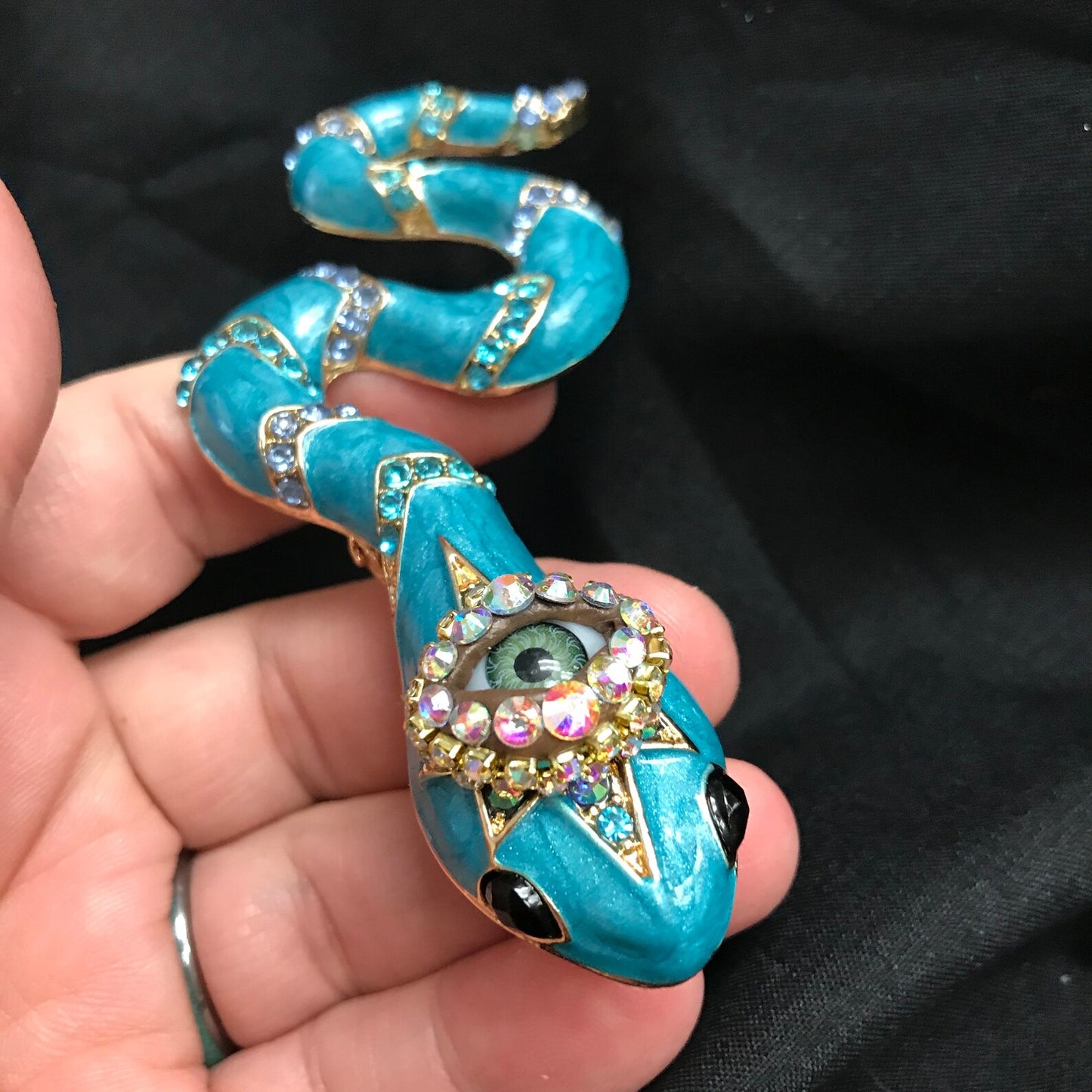 Turquoise Snake Eye Brooch – Gothic Statement Pin – Surreal Serpent Jewelry – 4 Inch Wearable Art