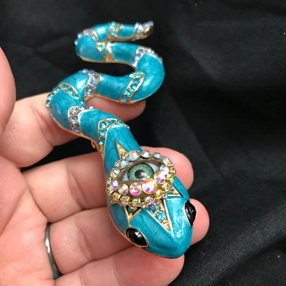 Turquoise Snake Eye Brooch – Gothic Statement Pin – Surreal Serpent Jewelry – 4 Inch Wearable Art