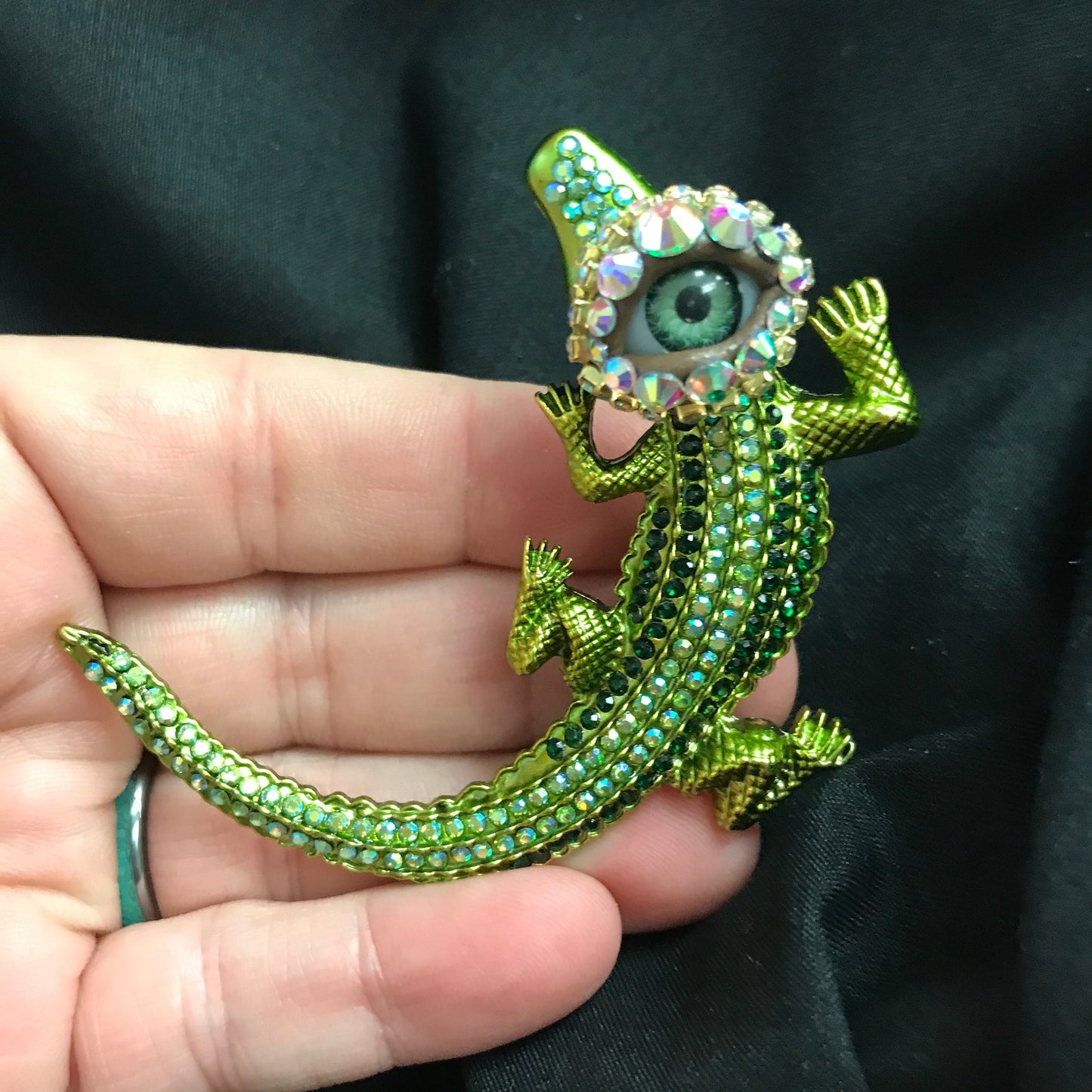 Rhinestone Crocodile Brooch, Green Eye Surreal Jewelry