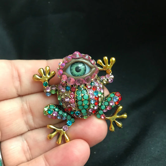 Rhinestone Frog Eyeball Brooch – Whimsical Bejeweled Pin