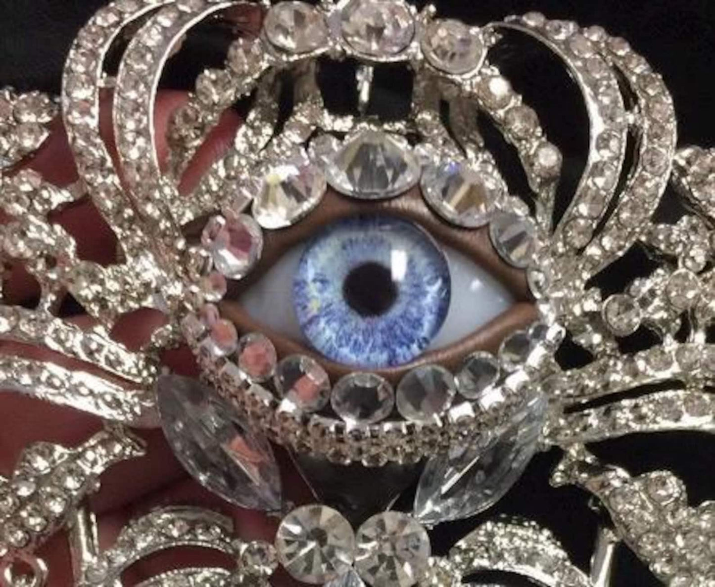 Huge Vintage Eyeball Brooch Pendant: Handmade Blue Glass Iris, Rhinestone Ornate Style