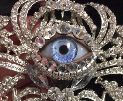 Huge Vintage Eyeball Brooch Pendant: Handmade Blue Glass Iris, Rhinestone Ornate Style