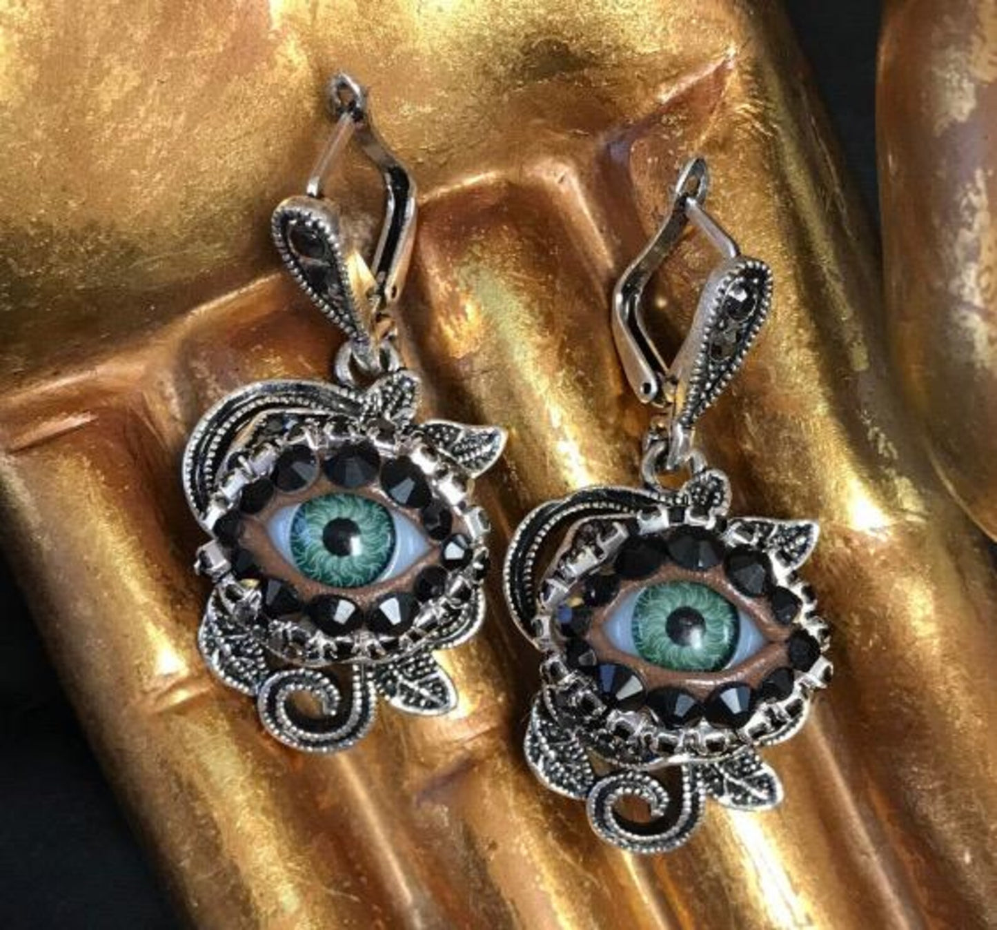 Antiqued Silver Rose - Eyeball Art Earrings with Natural Green Irises and Hand Placed Rhinestones!