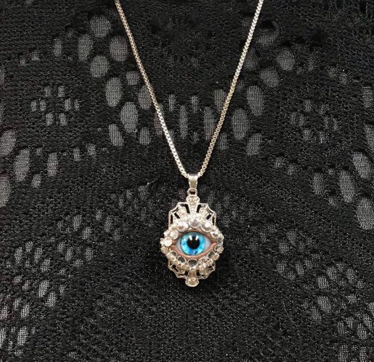 Silver Tone Crystal Eyeball Necklace - Aqua Blue Iris, Rhinestone Pendant