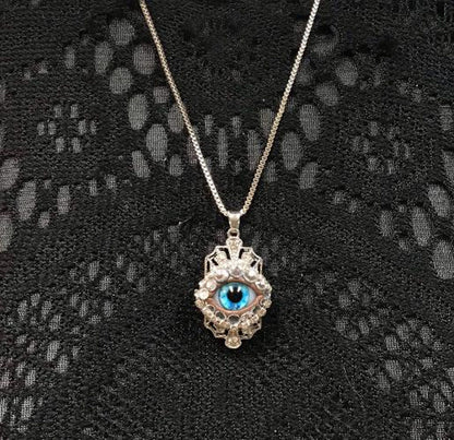 Silver Tone Crystal Eyeball Necklace - Aqua Blue Iris, Rhinestone Pendant