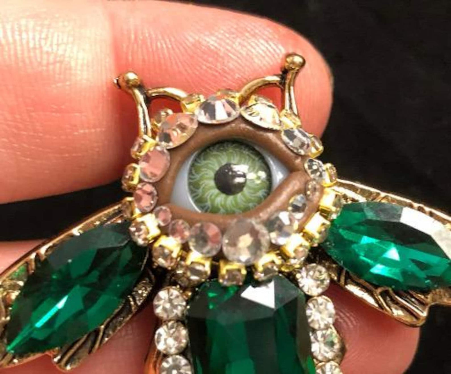Little Baby Bee! Bejeweled Emerald Green Insect Eyeball Art Brooch with a Natural Green Eye and and Hand Placed Rhinestones!