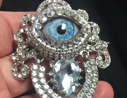 Vintage Ornate Eyeball Brooch with Blue Glass Iris & Rhinestones