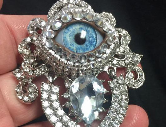 Vintage Ornate Eyeball Brooch with Blue Glass Iris & Rhinestones