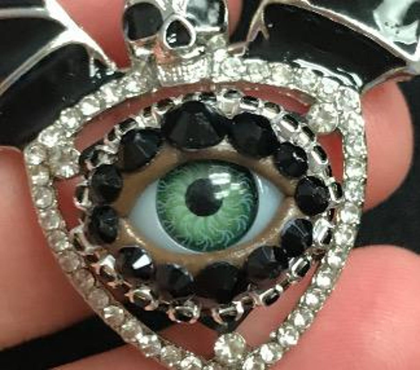 Gothic Skull with Batwings Eyeball Art Brooch - Eye Jewelry Pin - Goth Fashion! Unique!