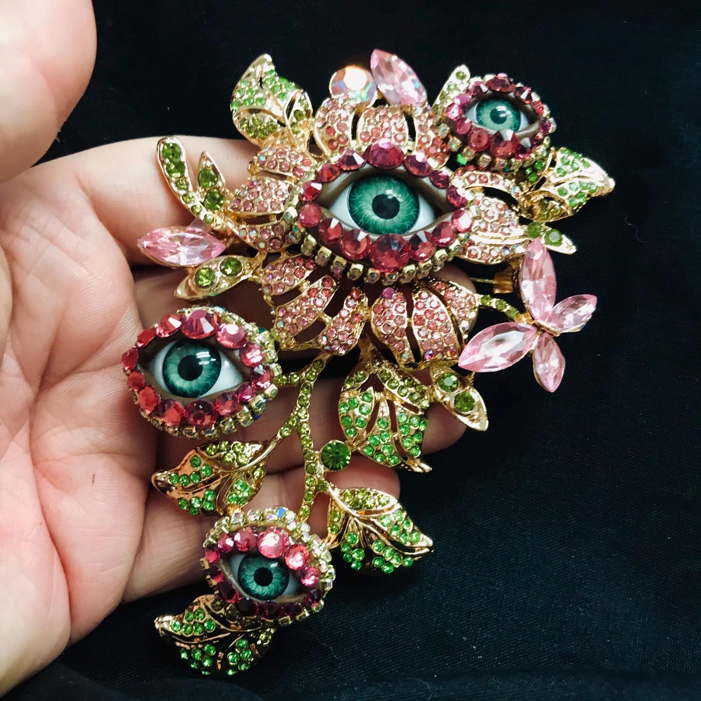 Rhinestone Floral Eye Brooch - Dramatic Statement Jewelry