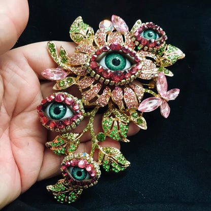 Rhinestone Floral Eye Brooch - Dramatic Statement Jewelry
