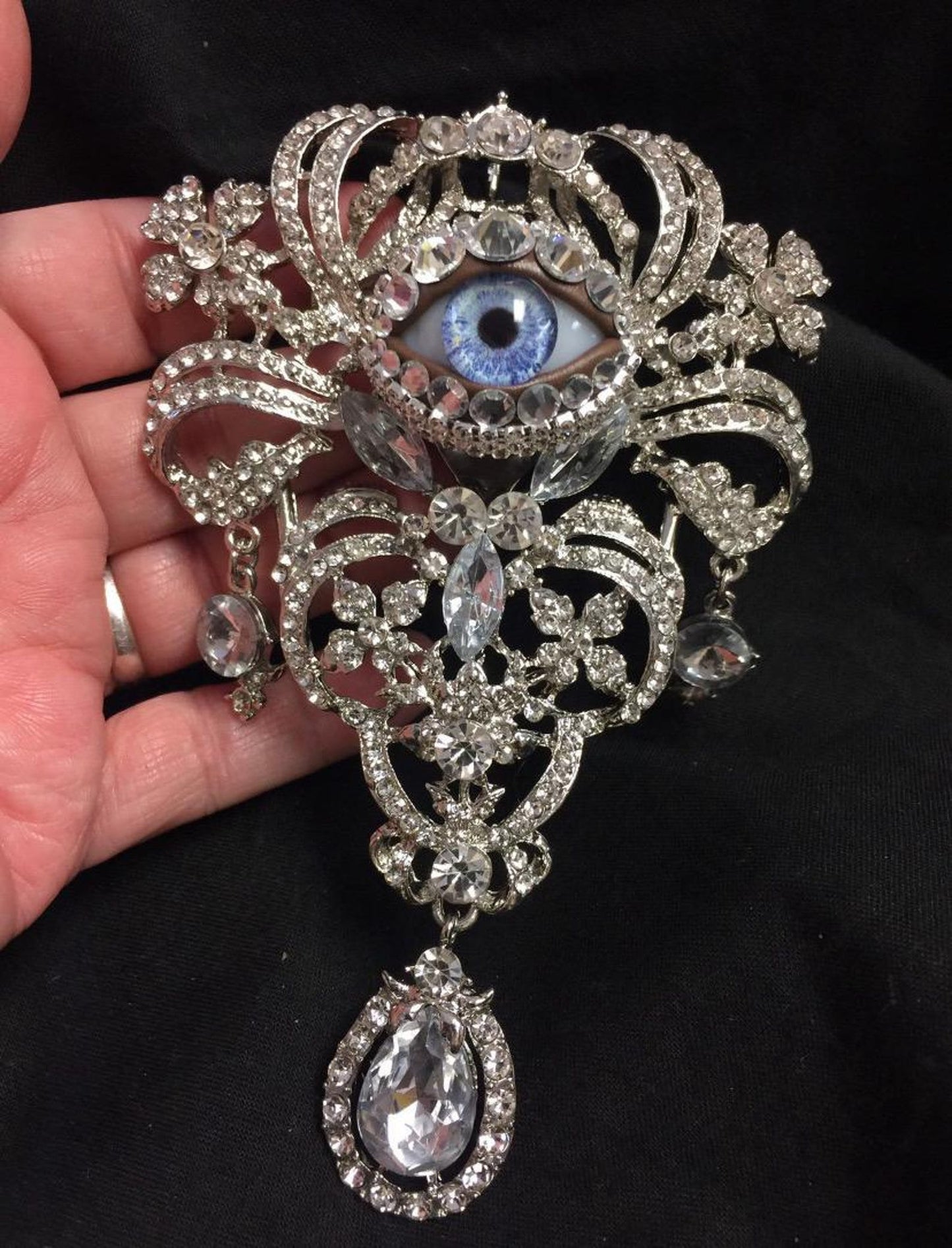 Huge Vintage Eyeball Brooch Pendant: Handmade Blue Glass Iris, Rhinestone Ornate Style