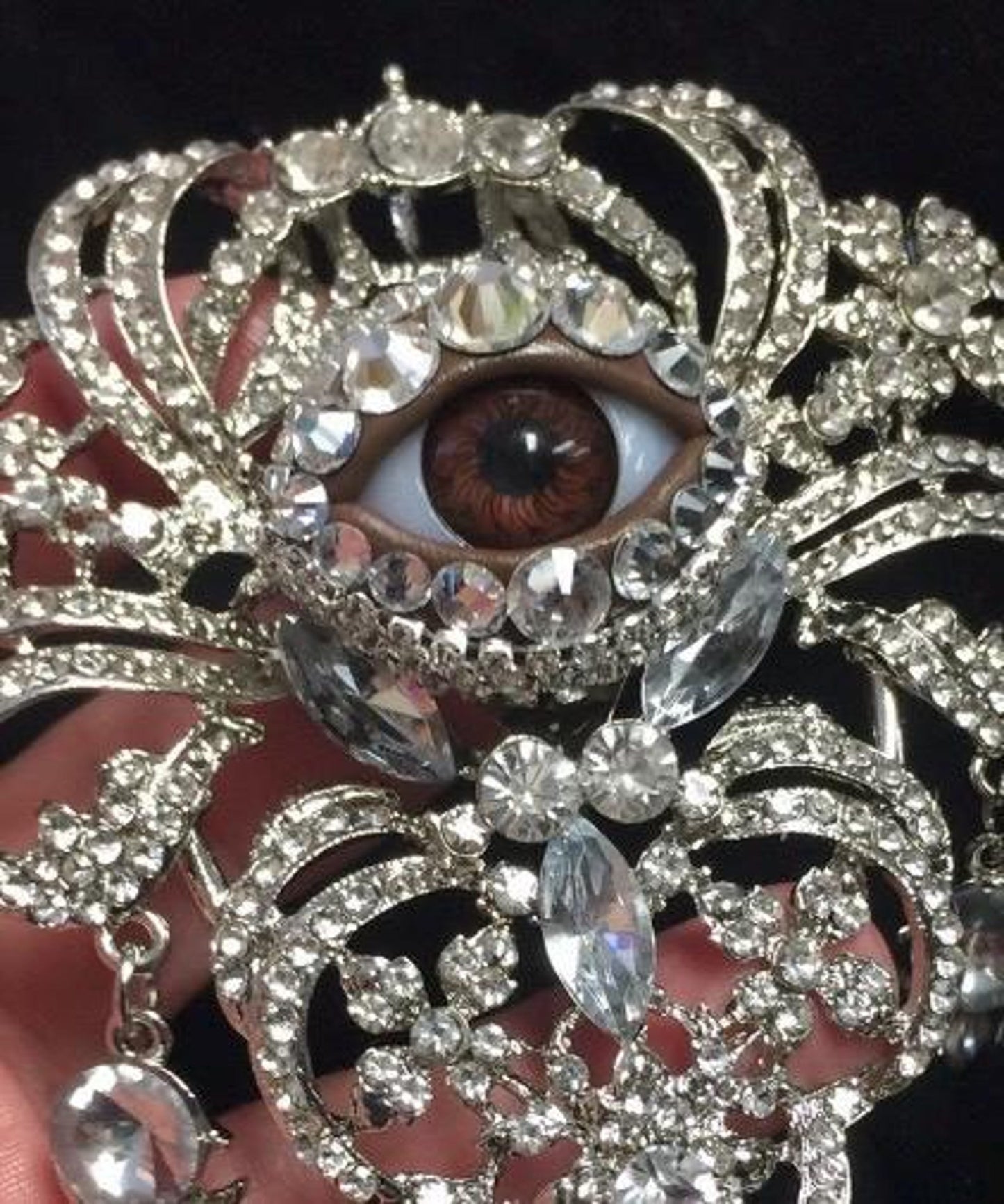 Huge Epic Crystal Eyeball Art Brooch with a Deep Brown Eye and Hand Placed Rhinestones!