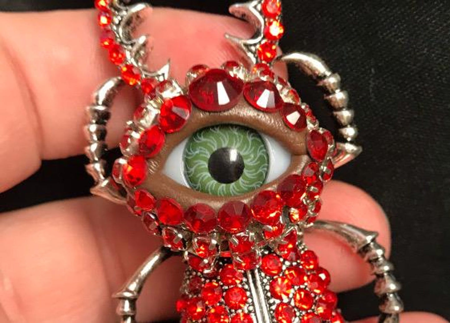 Red Beetle Brooch, Gothic Eye Insect Pin, Victorian Scarab Jewelry, Rhinestone Statement Brooch, Halloween Gift
