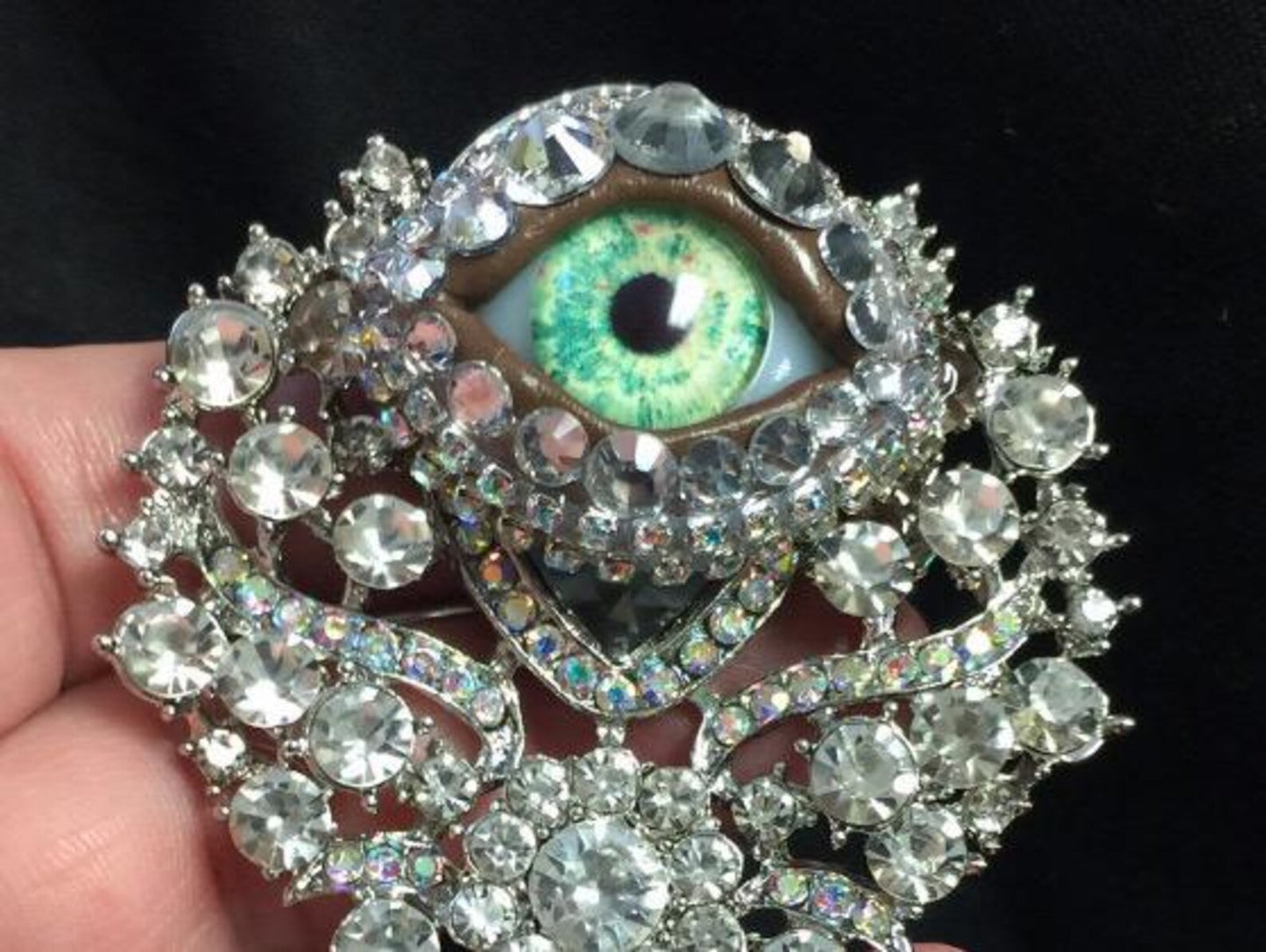 Vintage Ornate Eyeball Brooch, Green Glass Iris, Rhinestone Jewelry