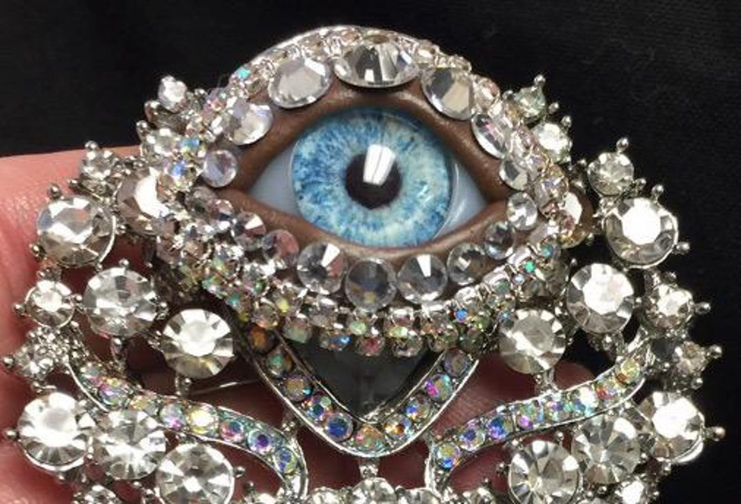 Vintage Ornate Eyeball Brooch: Handmade Blue Glass Iris & Rhinestones