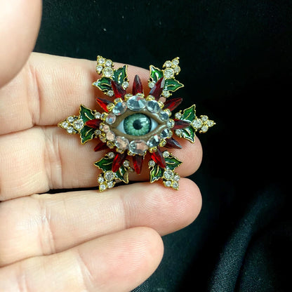 Stunning Christmas Snowflake Eyeball Art Brooch with a Natural Green Eye and Hand Placed Rhinestones! Eye Jewelry!