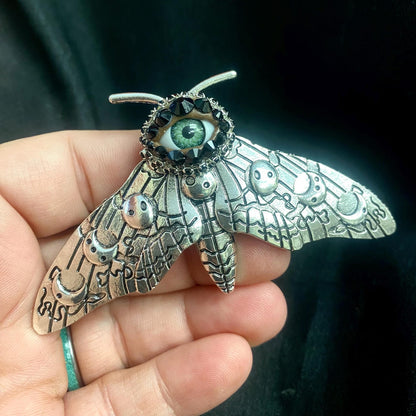 Lunar Moth Hair Barrette, Antiqued Silver Eyeball Clip, Rhinestone Accent