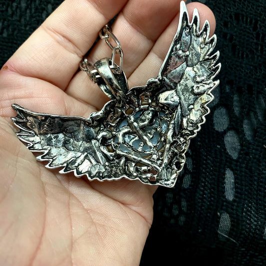 Winged Heart Eyeball Necklace, Antiqued Silver Tone, Surreal Art