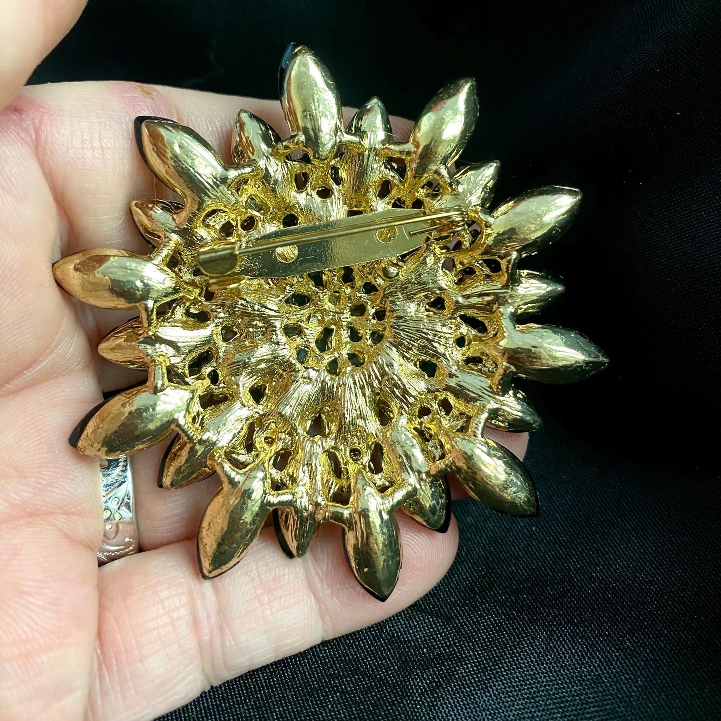 Vintage Style Sunburst Eyeball Brooch, Black Rhinestone Amber Glass Iris