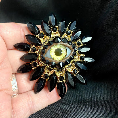 Vintage Style Sunburst Eyeball Brooch, Handmade Glass Iris, Rhinestone Art