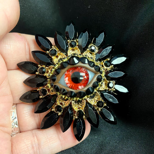 Vintage Style Sunburst Eyeball Brooch: Handmade Red Glass Iris, Rhinestones