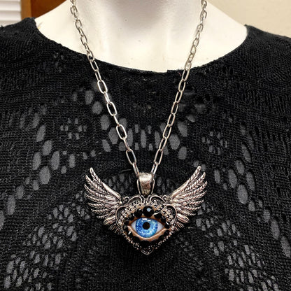 Winged Heart Eyeball Necklace, Antiqued Silver Tone, Surreal Art