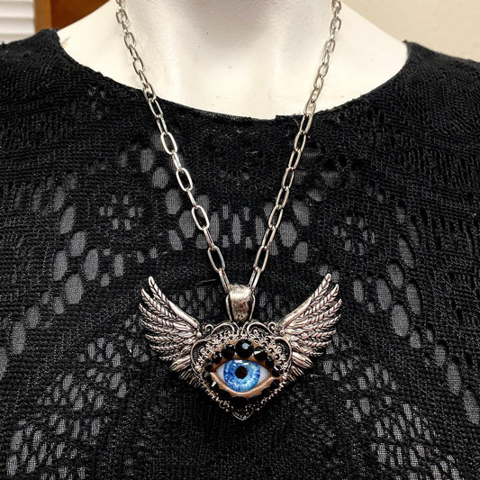 Winged Heart Eyeball Necklace, Antiqued Silver Tone, Surreal Art