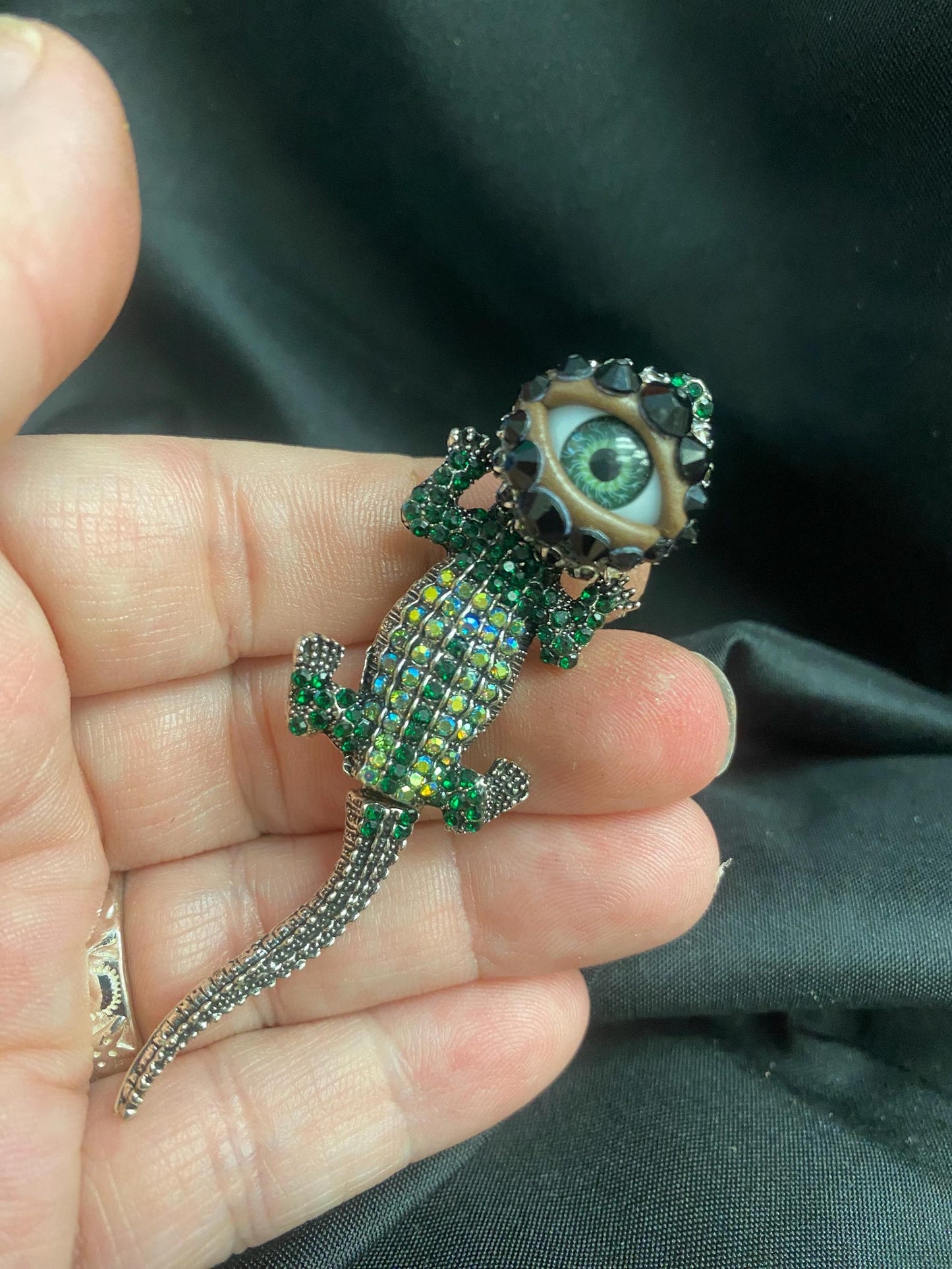 Rhinestone Alligator Brooch: Surreal Eyeball Jewelry Pin