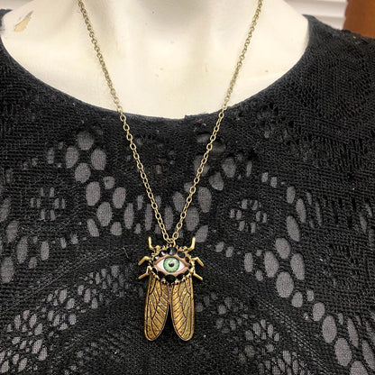 Antiqued Gold Cicada Pendant Necklace, Green Eye Rhinestone Jewelry
