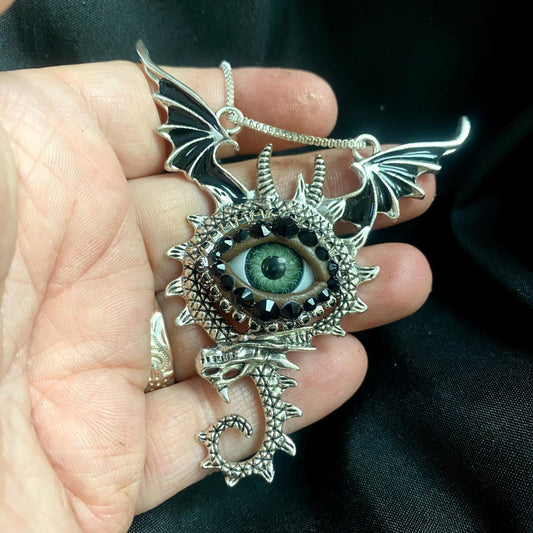Goth Dragon Eye Pendant Necklace: Silver, Green Eye & Rhinestones