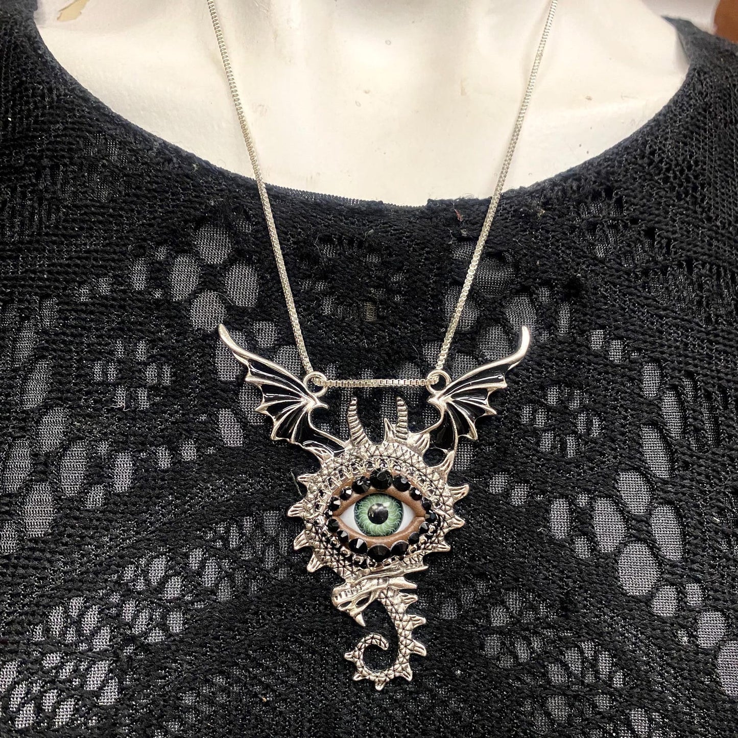 Goth Dragon Eye Pendant Necklace: Silver, Green Eye & Rhinestones