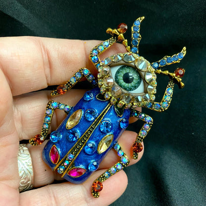 Cobalt Blue Beetle Brooch, Gothic Eye Insect Pin, Victorian Scarab Jewelry, Rhinestone Statement Piece
