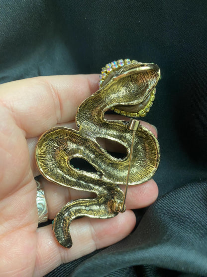 Green Rhinestone Snake Brooch – Realistic Eye, Gothic Assemblage Wearable Art (OOAK)