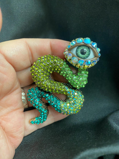 Green Rhinestone Snake Brooch – Realistic Eye, Gothic Assemblage Wearable Art (OOAK)