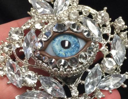 Vintage Ornate Crystal Eyeball Brooch, Handmade Blue Glass Iris
