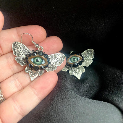 Gothic Silver Tone Moth Eye Art Earrings - Hand Placed Black Rhinestones!